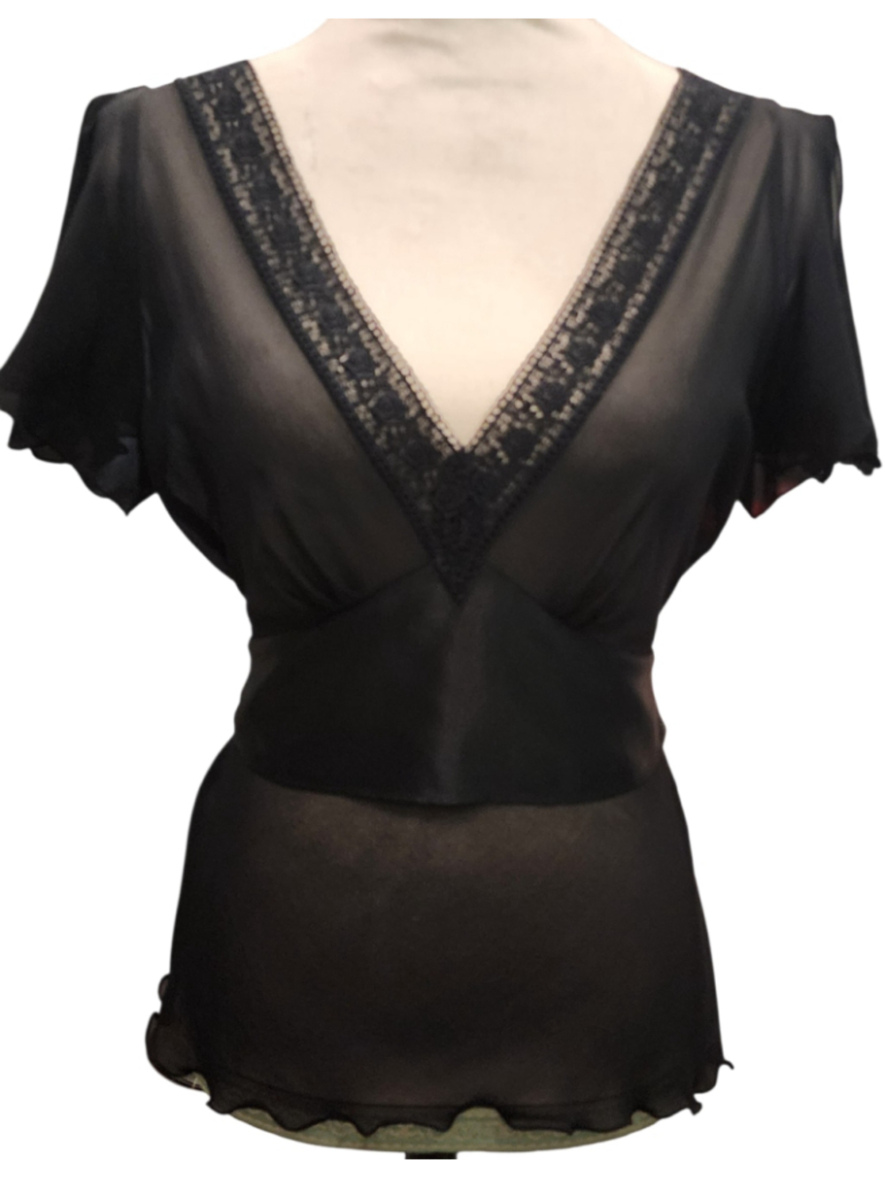 EXPRESS Silk Blouse Top 9/10 M Black Lace V-Neck Flutter Sleeve Tie Back Y2K